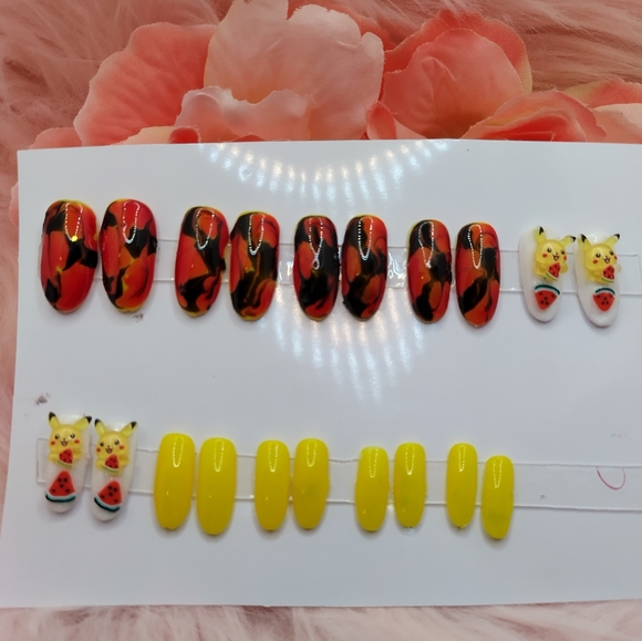 Custom press on nails 20 piece set of pokémon yellow black red with  Pikachu - Picture 3 of 5